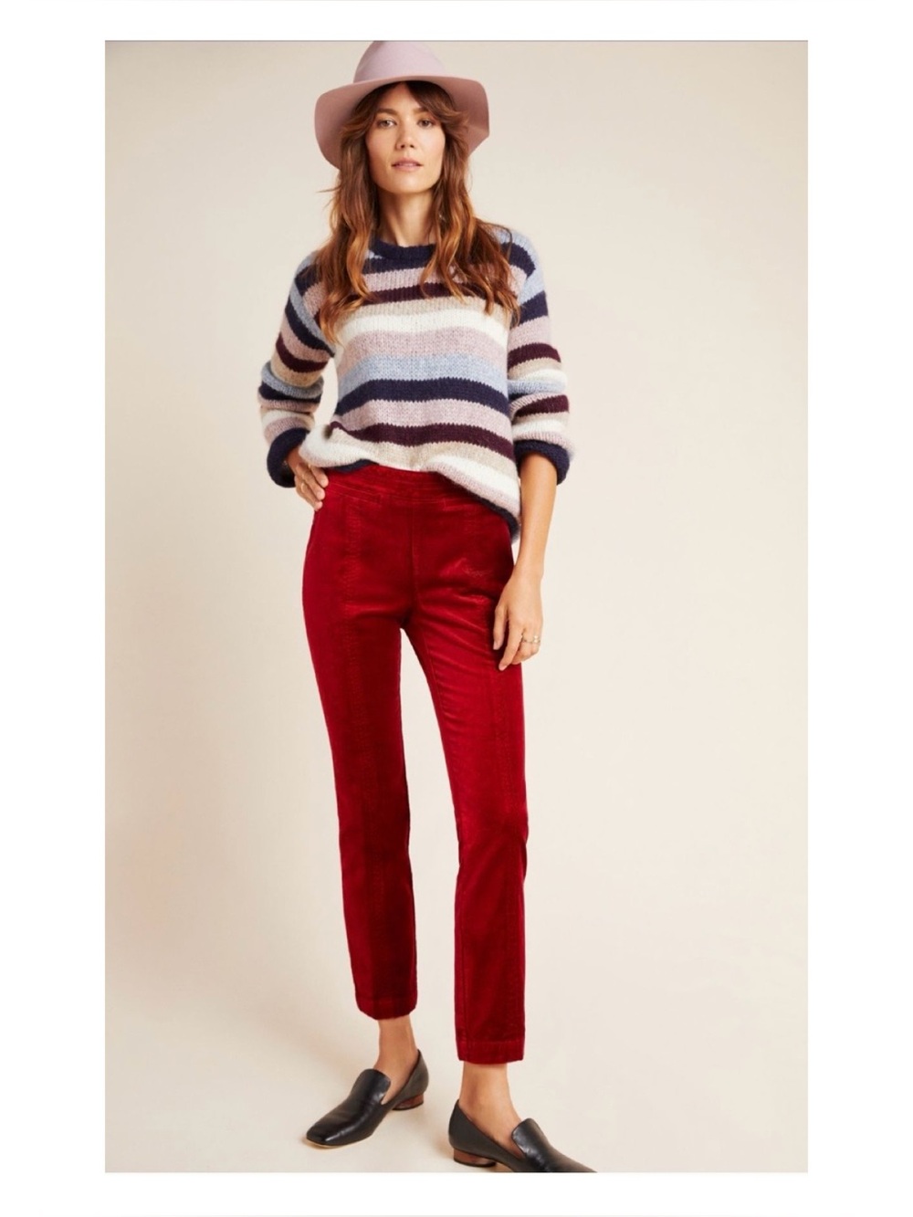 NWT Anthropologie The Essential Velvet Slim Trousers In Soft Red Size 6